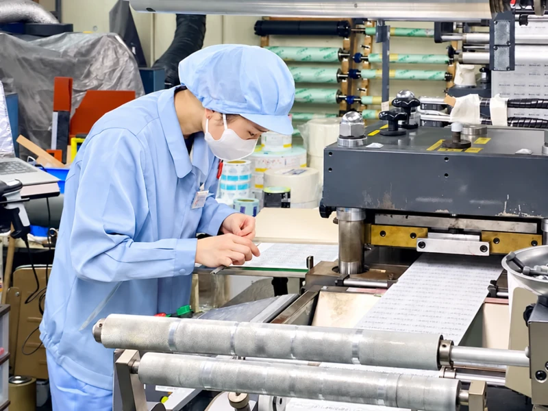 機械の前でシール・ラベルの仕上がりを確認する社員